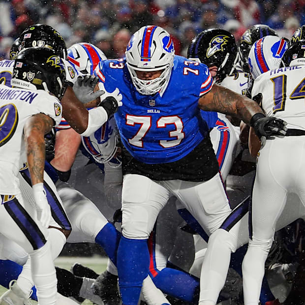 Buffalo Bills left tackle Dion Dawkins blocking on a Josh Allen sneak. Buffalo Bills left tackle Dion Dawkins blocking on a Josh Allen sneak.