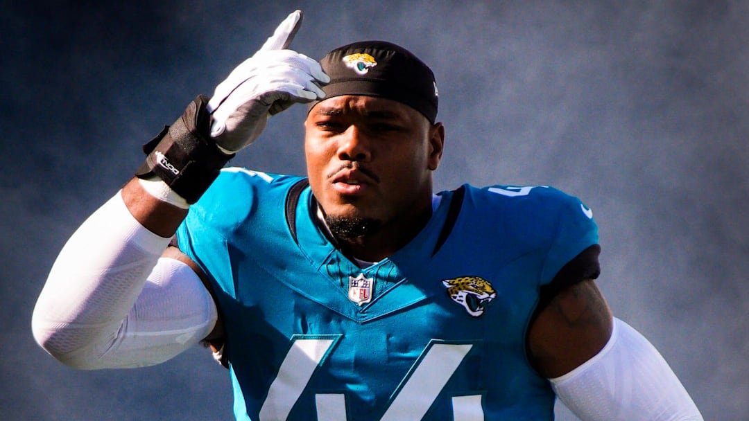 Jacksonville Jaguars defensive end Travon Walker (44) enters the stadium before an NFL football game at EverBank Stadium, Sunday, Dec. 14, 2025, in Jacksonville, Fla. [Doug Engle/Florida Times-Union]