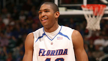 Mar 9, 2007; Atlanta, GA, USA; Florida Gators forward Al Horford (42) reacts to a play against the Georgia Bulldogs during the second half of a quarterfinal round SEC Tournament game at the Georgia Dome in Atlanta, GA. Mandatory Credit: Jason Parkhurst-Imagn Images Copyright © 2007 Jason Parkhurst