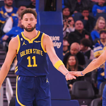 Golden State Warriors shooting guard Klay Thompson (11) and point guard Stephen Curry (30) against the Chicago Bulls at Chase Center. 