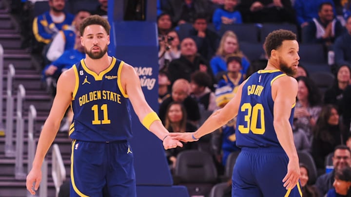 Golden State Warriors shooting guard Klay Thompson (11) and point guard Stephen Curry (30) against the Chicago Bulls at Chase Center. 