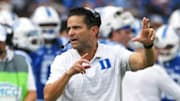 Sep 6, 2025; Durham, North Carolina, USA;  Duke Blue Devils head coach Manny Diaz reacts during the third quarter against the Illinois Fighting Illini at Wallace Wade Stadium. Mandatory Credit: Zachary Taft-Imagn Images