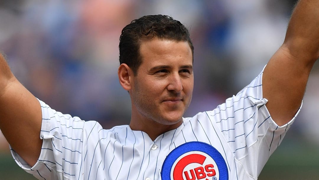 Anthony Rizzo former Chicago Cubs player and team ambassador prepares to throw out a ceremonial first pitch prior to a game against the Tampa Bay Rays at Wrigley Field. 