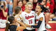 Nebraska volleyball players Lexi Rodriguez, Bergen Reilly, Andi Jackson, and Harper Murray celebrate a point during the 2024 Red-White Scrimmage.