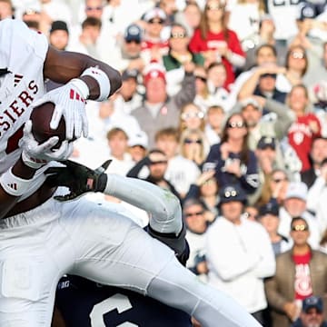 Indiana receiver Omar Cooper Jr. makes a game-winning touchdown catch Nov. 8, 2025, against Penn State at Beaver Stadium.