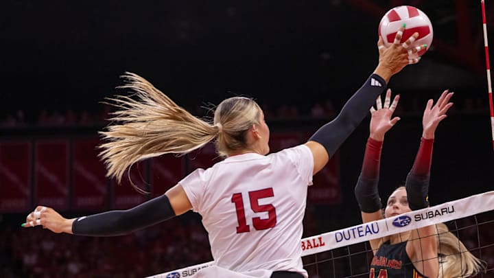 Nebraska middle blocker Andi Jackson (15) hits a ball over USC outside hitter Ally Batenhorst. Nebraska middle blocker Andi Jackson (15) hits a ball over USC outside hitter Ally Batenhorst.