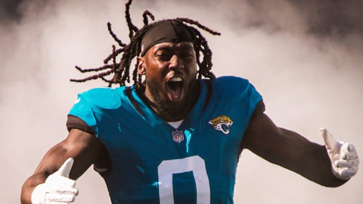 Jacksonville Jaguars linebacker Devin Lloyd (0) enters the stadium before an NFL football game at EverBank Stadium, Sunday, Dec. 14, 2025, in Jacksonville, Fla. [Doug Engle/Florida Times-Union]