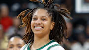 Nov 3, 2025; Paris, FRA;  Baylor Bears guard Taliah Scott (0) reacts after scoring a three-point basket against the Duke Blue Devils during the second half at Adidas Arena. Mandatory Credit: Chris Jones-Imagn Images