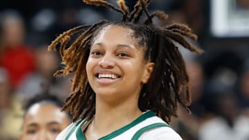 Nov 3, 2025; Paris, FRA;  Baylor Bears guard Taliah Scott (0) reacts after scoring a three-point basket against the Duke Blue Devils during the second half at Adidas Arena. Mandatory Credit: Chris Jones-Imagn Images