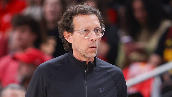 Atlanta Hawks head coach Quin Snyder on the sideline against the New York Knicks in the first quarter during game three of the first round of the 2026 NBA Playoffs at State Farm Arena on April 23, 2026