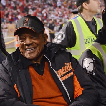December 23, 2013; San Francisco, CA, USA; San Francisco Giants former player Willie Mays before the game in the final regular season game between the San Francisco 49ers and the Atlanta Falcons at Candlestick Park.