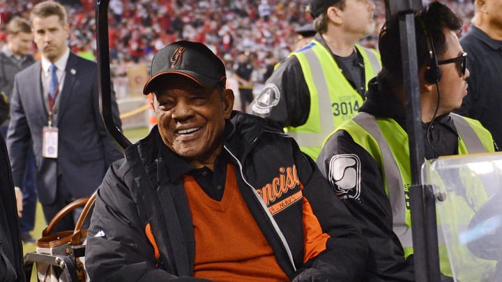 December 23, 2013; San Francisco, CA, USA; San Francisco Giants former player Willie Mays before the game in the final regular season game between the San Francisco 49ers and the Atlanta Falcons at Candlestick Park.