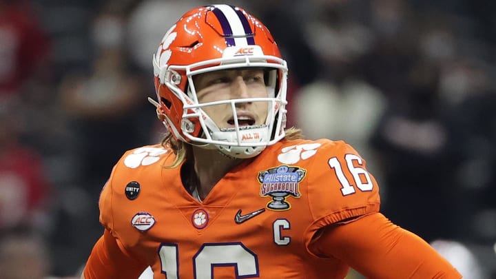 Jan 1, 2021; New Orleans, LA, USA; Clemson Tigers quarterback Trevor Lawrence (16) looks on during the first half against the Ohio State Buckeyes at Mercedes-Benz Superdome.