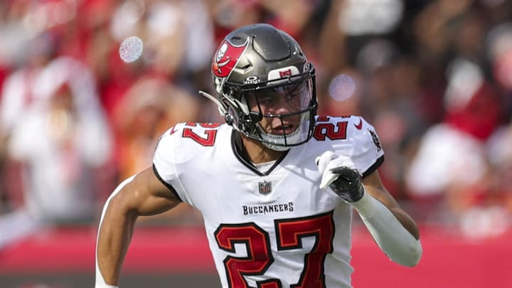 Oct 22, 2023; Tampa, Florida, USA;  Atlanta Falcons tight end Kyle Pitts (8) is chased out of bounds by Tampa Bay Buccaneers cornerback Zyon McCollum (27) in the fourth quarter at Raymond James Stadium. Mandatory Credit: Nathan Ray Seebeck-Imagn Images