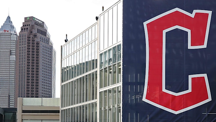 A banner with the Cleveland Guardians' new logo hangs from a parking deck before an MLB baseball game between the Cleveland Guardians and the San Francisco Giants at Progressive Field.