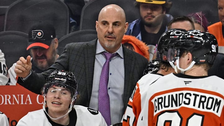 Apr 14, 2026; Philadelphia, Pennsylvania, USA; Philadelphia Flyers head coach Rick Tocchet with this team against the Montréal Canadiens during the third period at Xfinity Mobile Arena. Mandatory Credit: Eric Hartline-Imagn Images