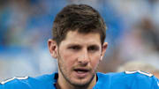Oct 19, 2014; Detroit, MI, USA; Detroit Lions quarterback Dan Orlovsky (8) during the game against the New Orleans Saints at Ford Field. 