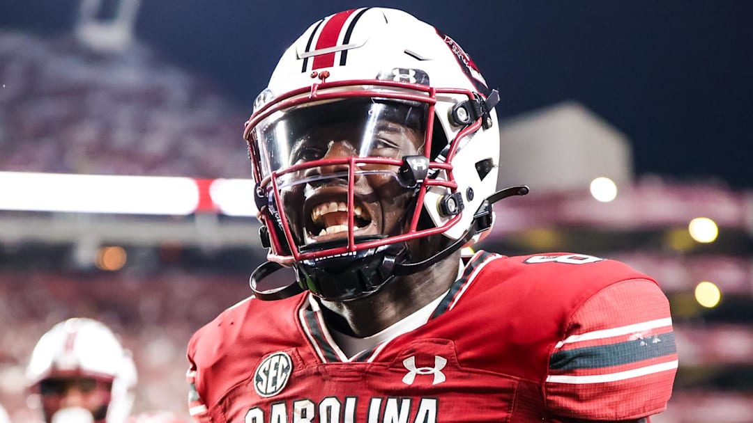 Sep 9, 2023; Columbia, South Carolina, USA; South Carolina Gamecocks wide receiver Nyck Harbor (8) celebrates a touchdown during the third quarter at Williams-Brice Stadium. Mandatory Credit: Jeff Blake-Imagn Images