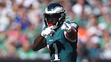 Oct 5, 2025; Philadelphia, Pennsylvania, USA;  Philadelphia Eagles wide receiver A.J. Brown (11) reacts after a catch against the Denver Broncos in the second quarter at Lincoln Financial Field. Mandatory Credit: Bill Streicher-Imagn Images