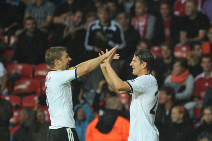 Germany's striker Mario Gomez celebrates