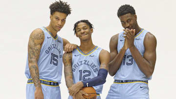 Sep 30, 2019; Memphis, TN, USA; Memphis Grizzlies forward Brandon Clarke (15) Memphis Grizzlies guard Ja Morant (12) and Memphis Grizzlies forward Jaren Jackson Jr. (13) pose for a photo at FedEx Forum. Mandatory Credit: Justin Ford-Imagn Images