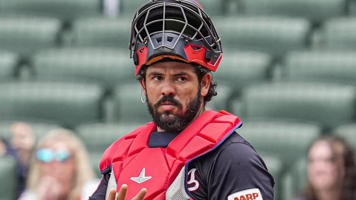 Sep 24, 2025; Cumberland, Georgia, USA; Washington Nationals catcher Jorge Alfaro (44) gestures during the game against the Atlanta Braves during the ninth inning at Truist Park. Mandatory Credit: Dale Zanine-Imagn Images