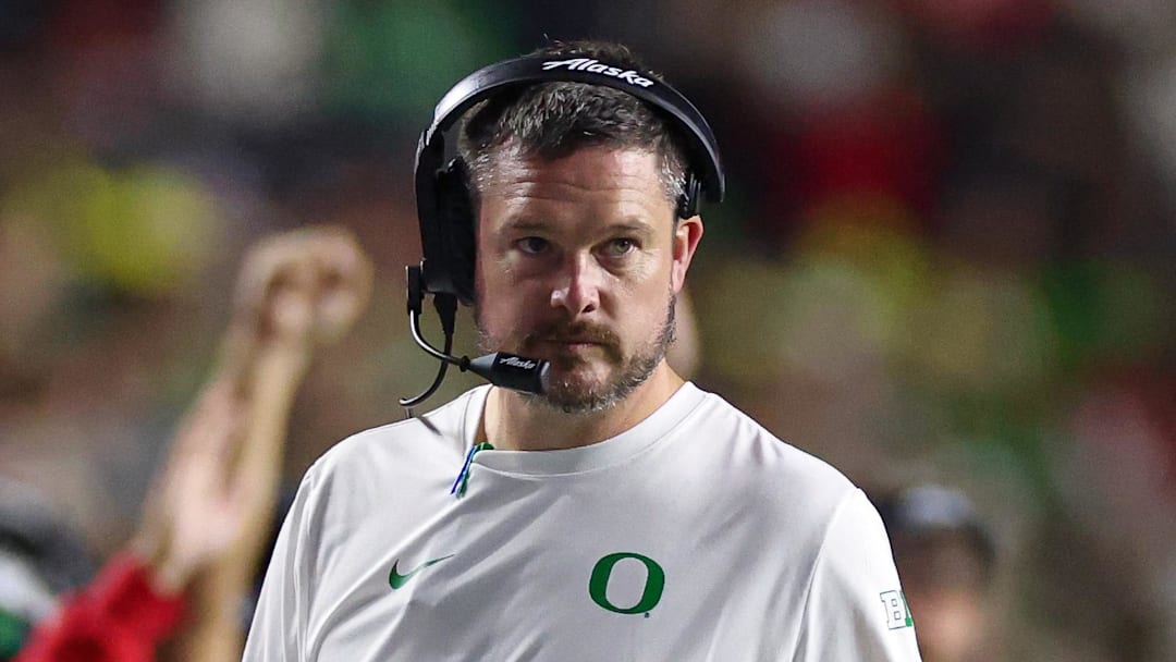 Oct 18, 2025; Piscataway, New Jersey, USA;  Oregon Ducks head coach Dan Lanning looks on during the first half against the Rutgers Scarlet Knights at SHI Stadium. Mandatory Credit: Vincent Carchietta-Imagn Images