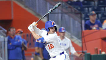 Florida Gators catcher Luke Heyman, seen here taking an at-bat in in the series against Miami, has now hit in nine-straight games after hitting a three-run home run against Missouri.
