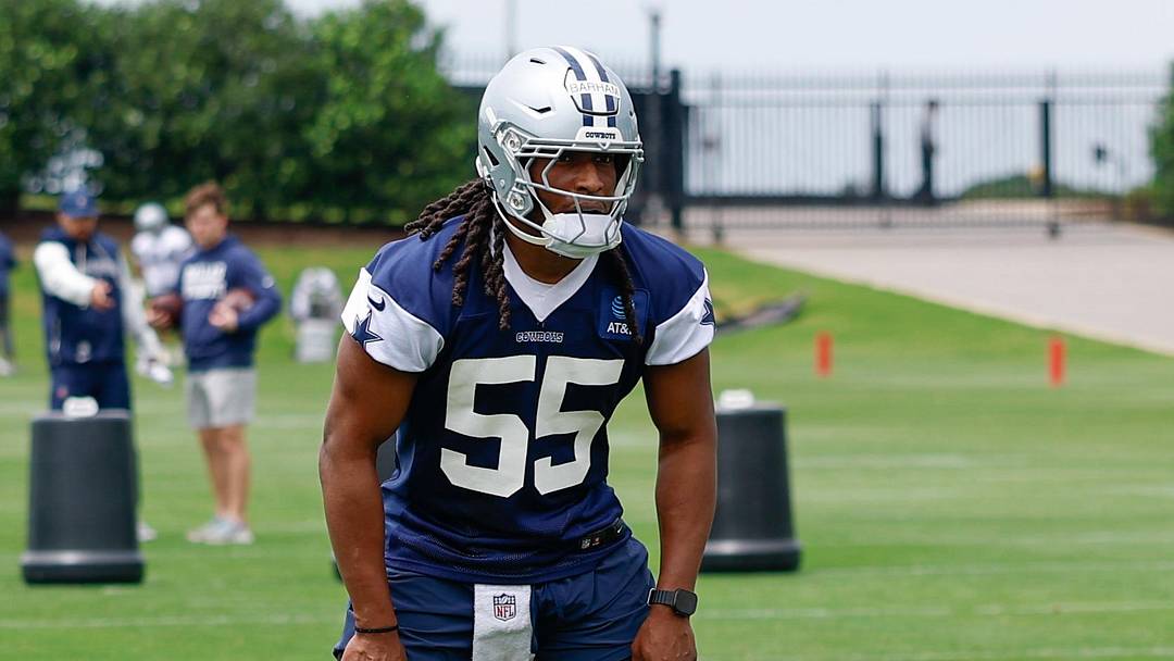 May 1, 2026; Frisco, TX, USA; Dallas Cowboys linebacker Jaishawn Barham (55) goes through a drill during practice at the Ford Center at the Star Training Facility in Frisco, Texas.  Mandatory Credit: Chris Jones-Imagn Images