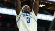 Mar 13, 2024; Las Vegas, NV, USA; UCLA Bruins forward Adem Bona (3) dunks against the Oregon State Beavers during the second half at T-Mobile Arena. Mandatory Credit: Stephen R. Sylvanie-USA TODAY Sports