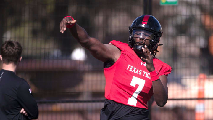 Texas Tech's Cameran Brown throws the ball during a spring football practice, Tuesday, March 19, 2024, at the Sports Performance Center.