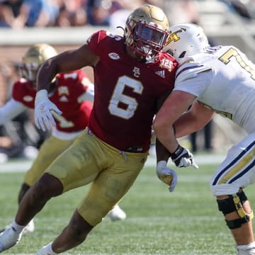 Oct 21, 2023; Atlanta, Georgia, USA; Boston College Eagles defensive end Donovan Ezeiruaku (6) rushes the passer against the Georgia Tech Yellow Jackets in the fourth quarter at Bobby Dodd Stadium at Hyundai Field. Mandatory Credit: Brett Davis-USA TODAY Sports