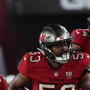 Tampa Bay Buccaneers linebacker Nick Jackson after intercepting the ball against the Tennessee Titans.