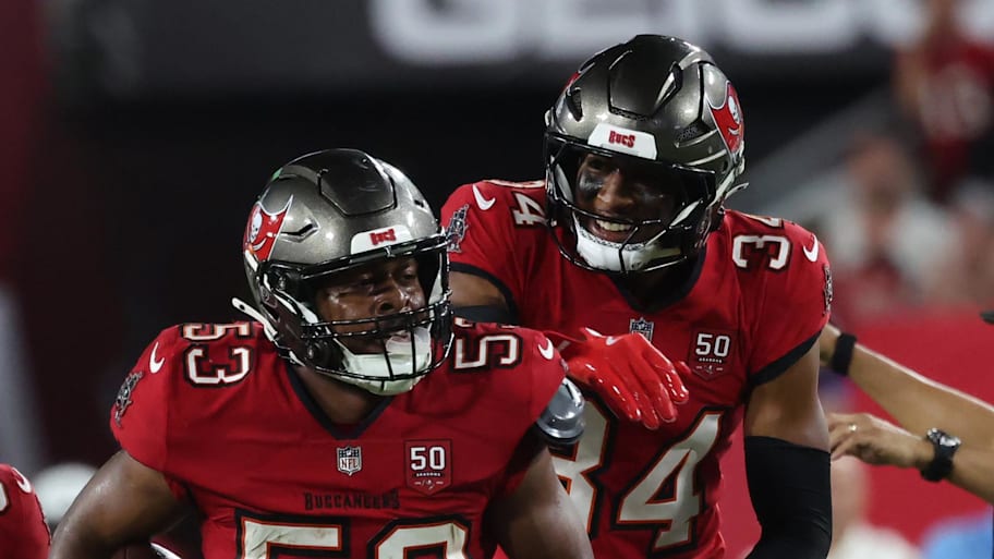Tampa Bay Buccaneers linebacker Nick Jackson after intercepting the ball against the Tennessee Titans. | Kim Klement Neitzel-Imagn Images
