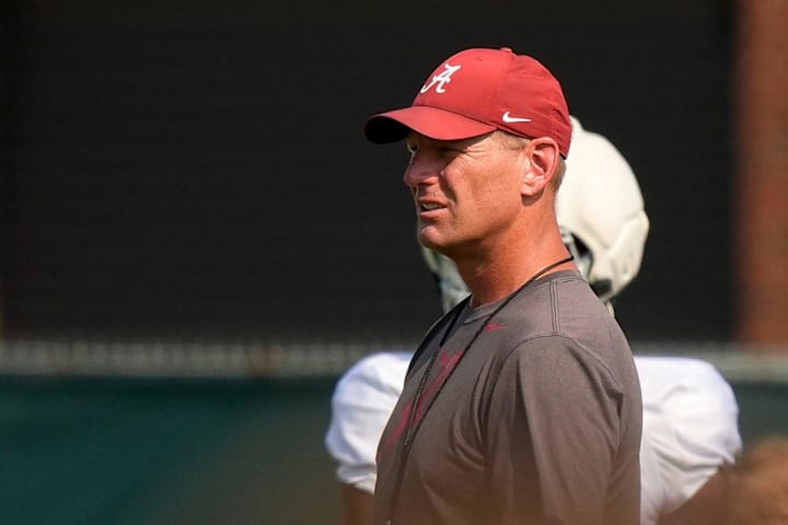 Head Coach Kalen DeBoer watches his team go through practice for the Alabama Crimson Tide. 