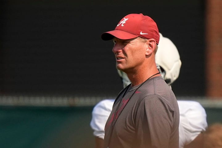 Head Coach Kalen DeBoer watches his team go through practice for the Alabama Crimson Tide.