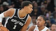 San Antonio Spurs forward/center Victor Wembanyama faces off against Toronto Raptors forward/guard Scottie Barnes.