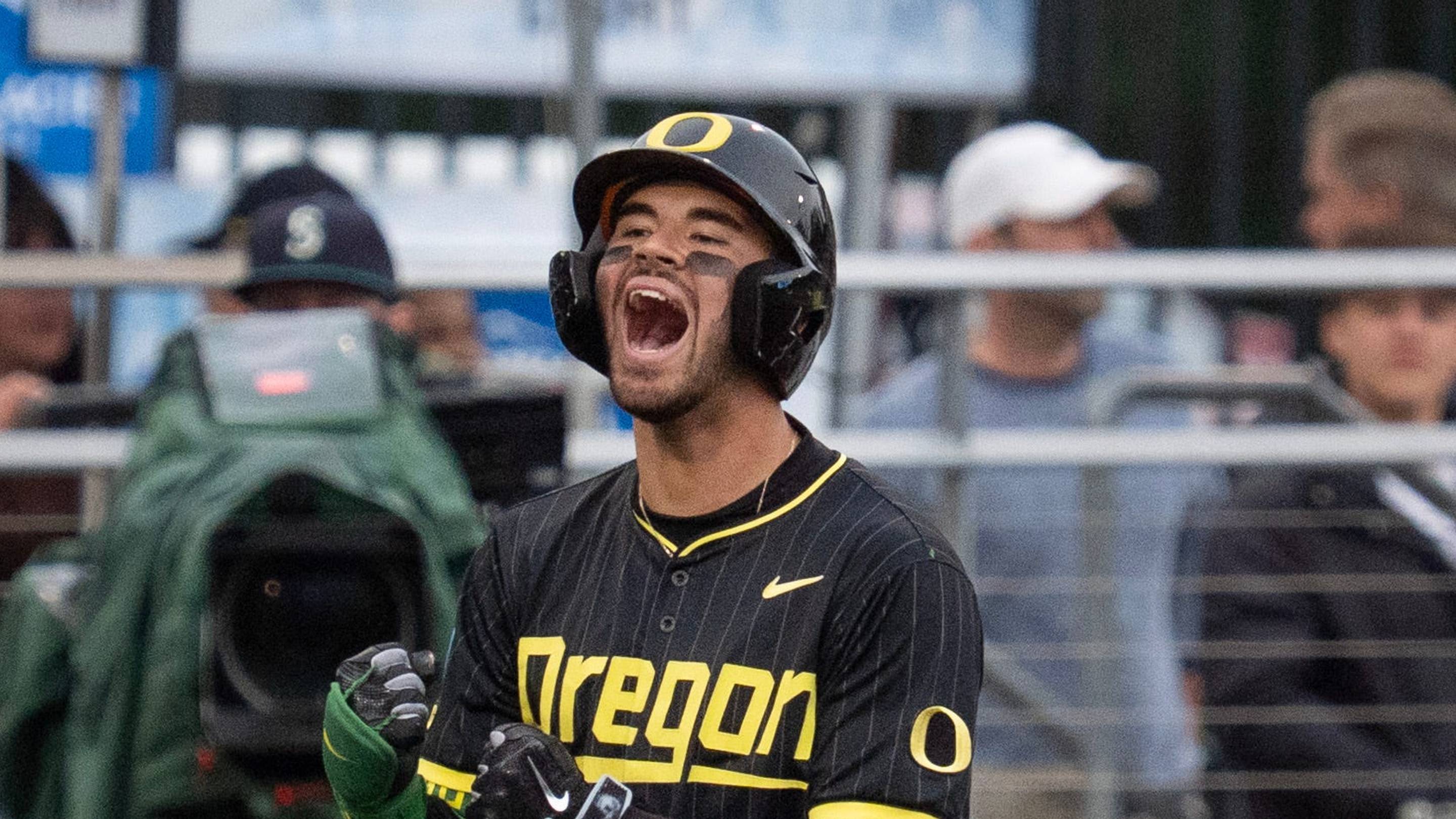 Oregon’s Angel Laya celebrates a triple against Yale in the fourth inning of the NCAA Eugene Regional Baseball Tournament game at PK Park n Eugene May 29, 2026.