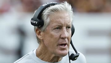 Sep 21, 2025; Landover, Maryland, USA; Las Vegas Raiders head coach Pete Carroll stands on the sidelines against the Washington Commanders during the third quarter at Northwest Stadium. Mandatory Credit: Geoff Burke-Imagn Images