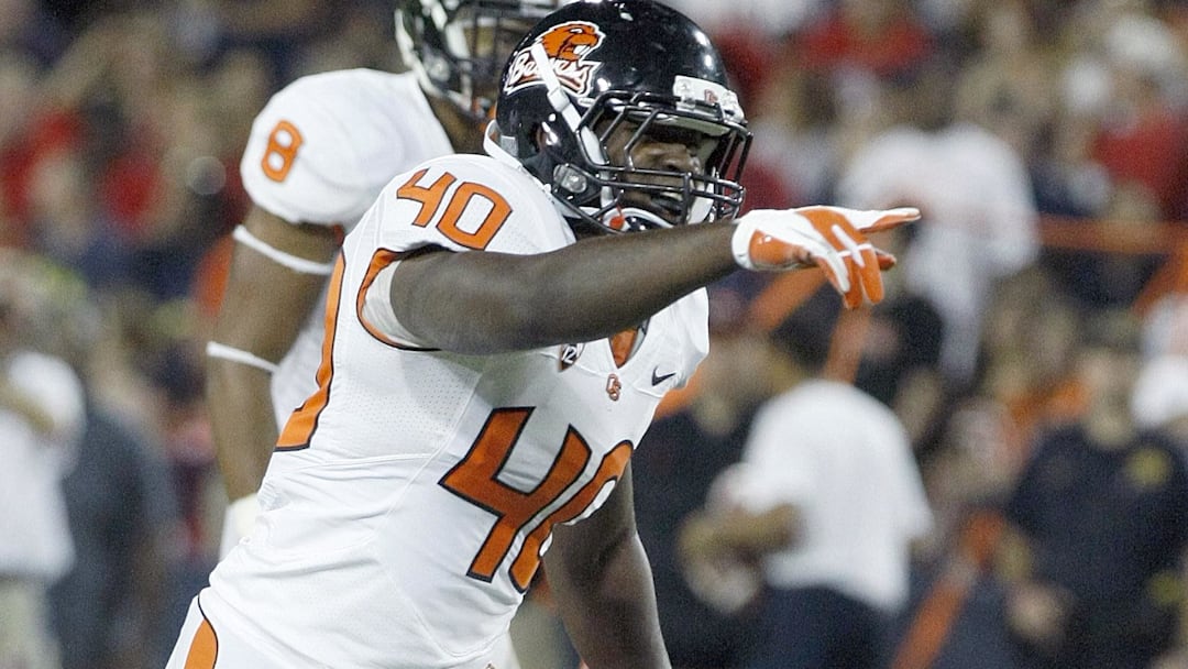 September 29, 2012; Tucson, AZ, USA; Oregon State Beavers linebacker Michael Doctor (40) against the Arizona Wildcats at Arizona Stadium.  Mandatory Credit: Rick Scuteri-Imagn Images