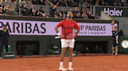 Novak Djokovic stands after winning a point against Alexander Zverev during the 2025 French Open.