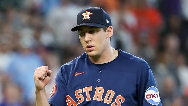 Aug 2, 2026; Houston, Texas, USA; Houston Astros pitcher AJ Blubaugh (69) reacts after getting the final out against the Texas Rangers in the ninth inning at Daikin Park. Mandatory Credit: Thomas Shea-Imagn Images
