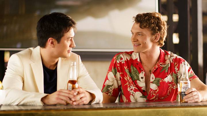 Hudson Williams as Shane Hollander and Connor Storrie as Ilya Rozanov in Heated Rivalry season 1 episode 5