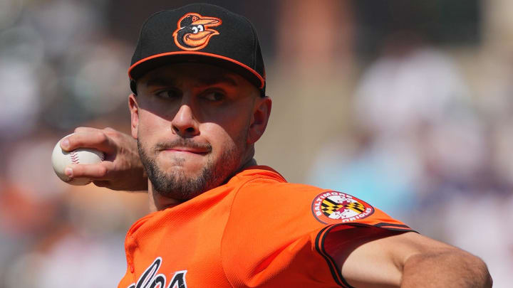 Jul 13, 2024; Baltimore, Maryland, USA; Baltimore Orioles pitcher Grayson Rodriguez (30) delivers in the first inning against the New York Yankees at Oriole Park at Camden Yards