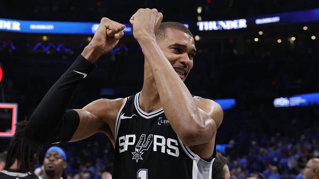 May 30, 2026; Oklahoma City, Oklahoma, USA; San Antonio Spurs forward Victor Wembanyama (1) celebrates after defeating the Oklahoma City Thunder in Game 7 of the Western Conference Finals for the 2026 NBA Playoffs at Paycom Center.