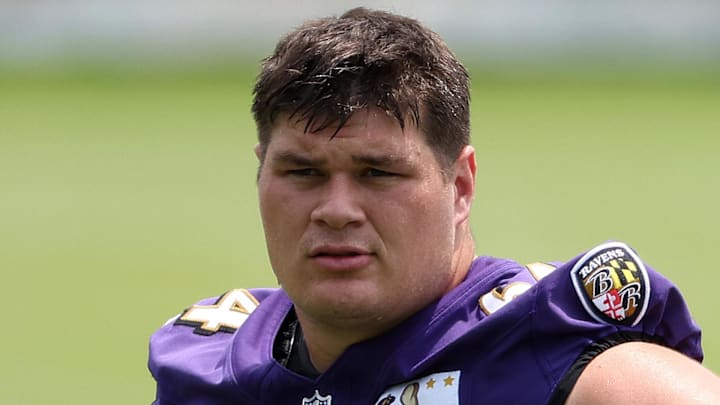 Jun 10, 2025; Baltimore, MD, USA; Baltimore Ravens center Tyler Linderbaum (64) looks on during an NFL OTA at Under Armour Performance Center. Mandatory Credit: Daniel Kucin Jr.-Imagn Images