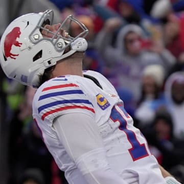 Buffalo Bills quarterback Josh Allen yells after scoring his third touchdown during second half action against the Tampa Bay Buccaneers on Nov 16, 2025 at Highmark Stadium in Orchard Park.