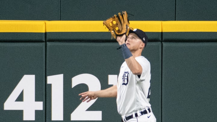 Sep 26, 2023; Detroit, Michigan, USA; Detroit Tigers center fielder Parker Meadows (22) makes a