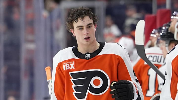 Apr 2, 2026; Philadelphia, Pennsylvania, USA; Philadelphia Flyers right wing Porter Martone (94) celebrates with teammates after assisting a goal against the Detroit Red Wings in the third period at Xfinity Mobile Arena. Mandatory Credit: Kyle Ross-Imagn Images