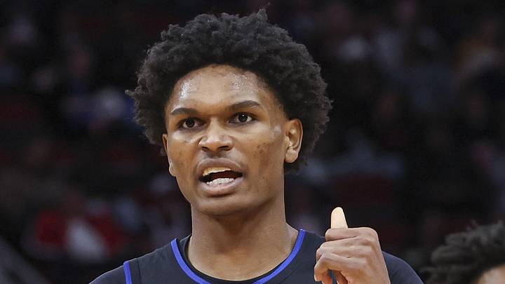 Jan 1, 2024; Houston, Texas, USA; Detroit Pistons forward Ausar Thompson (9) reacts as Houston Rockets forward Amen Thompson (1) looks on after a play during the fourth quarter at Toyota Center. Mandatory Credit: Troy Taormina-Imagn Images